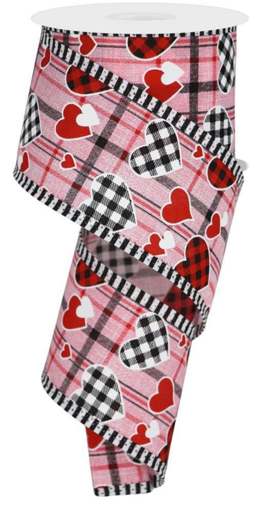 10 Yards - 2.5" Wired Pink Background Plaid Background Check Hearts Valentines Day Ribbon with Stripe Edge