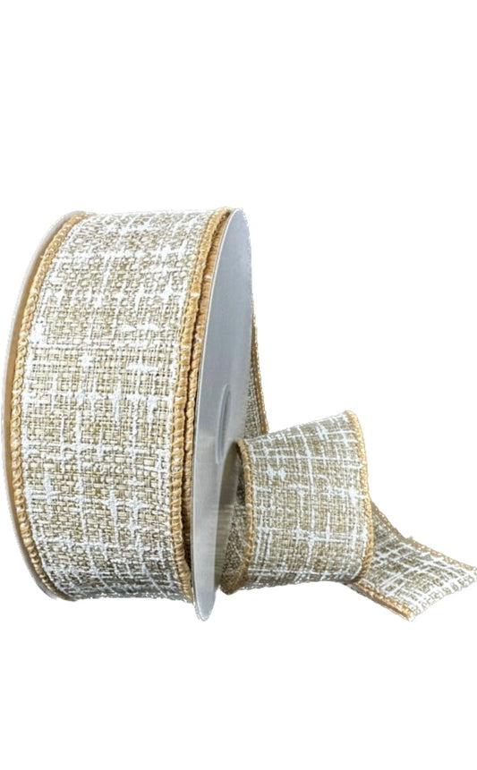 10 Yards - 1.5” Wired Light Natural and White Embellished Tweed Ribbon