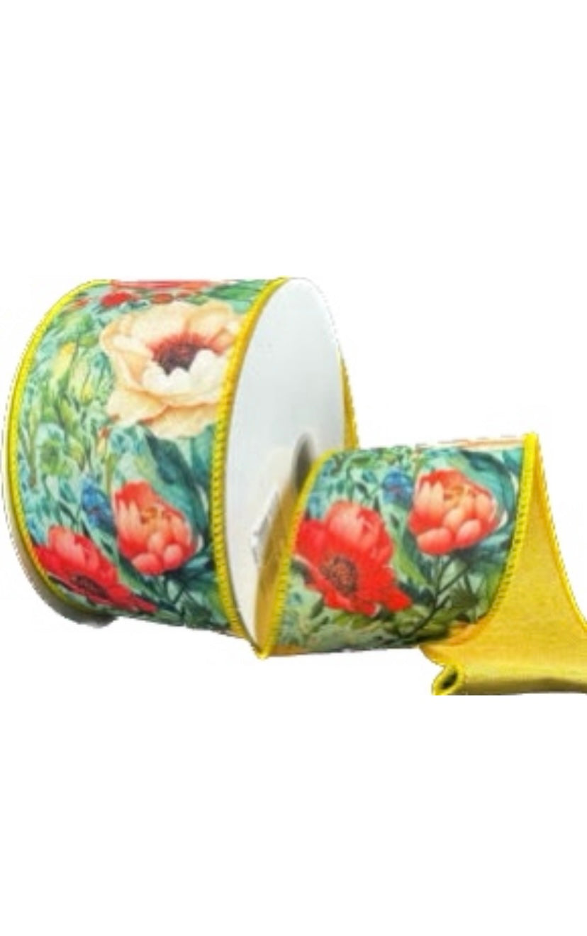 Wired Double Sided Flower Tapestry- Buttermilk Linen Back Ribbon- 2.5”x10 Yards