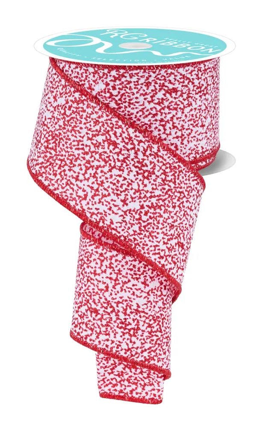 Wired White and Red Irregular Spotted Glitter Ribbon- 2.5”x10 Yards