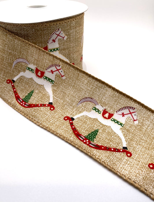 10 Yards - 2.5” Wired Natural Linen Toy Rocking Horse Ribbon