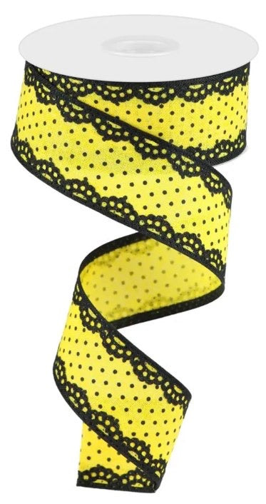 Wired Yellow and Black Swiss Dot Ribbon with Black Lace Detail-1.5”x10 Yards