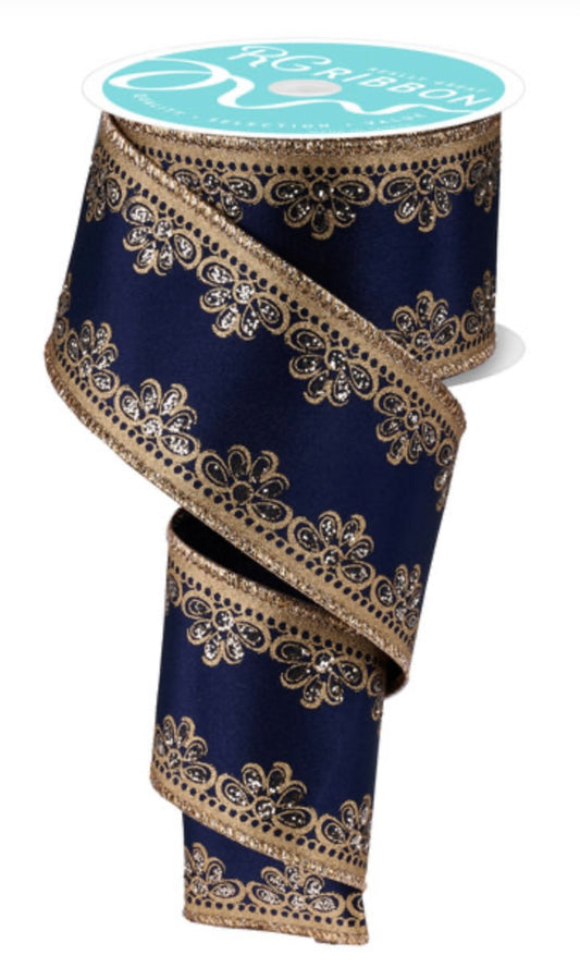 Wired Navy, Gold and Champagne Luxurious Scallop Trim Ribbon- 2.5”x10 Yards