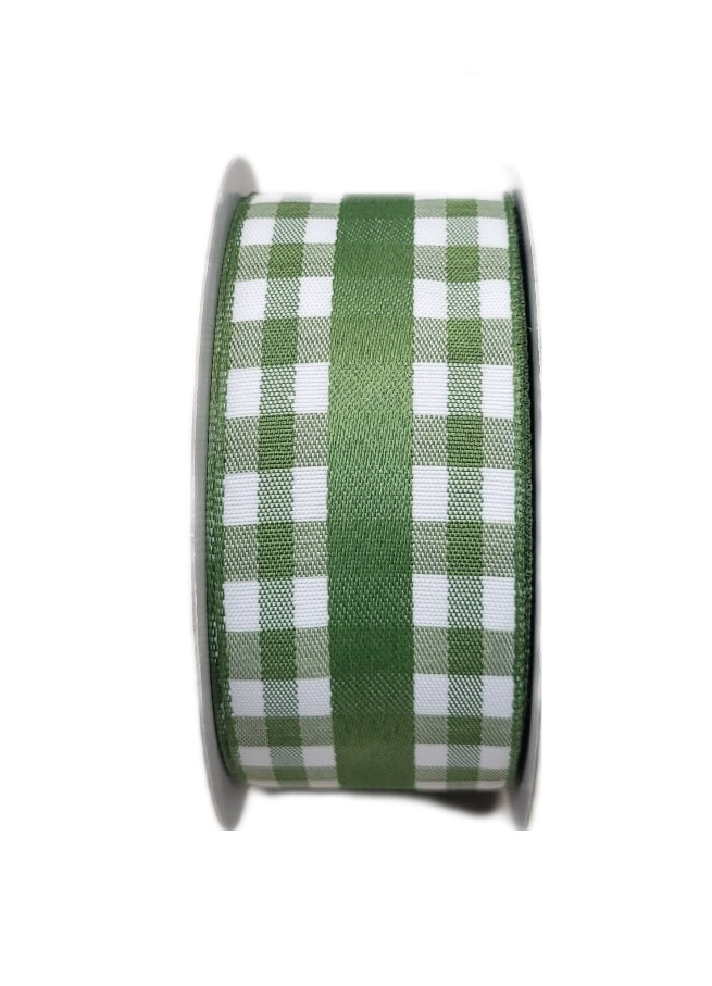 10 Yards - 1.5" Wired Olive Green and White Check Ribbon