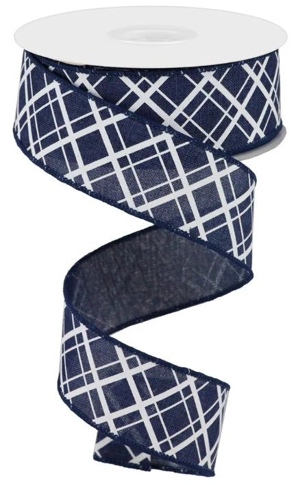 Wired Navy and White Thick/Thin Diagonal Check Ribbon-1.5”x10 Yards