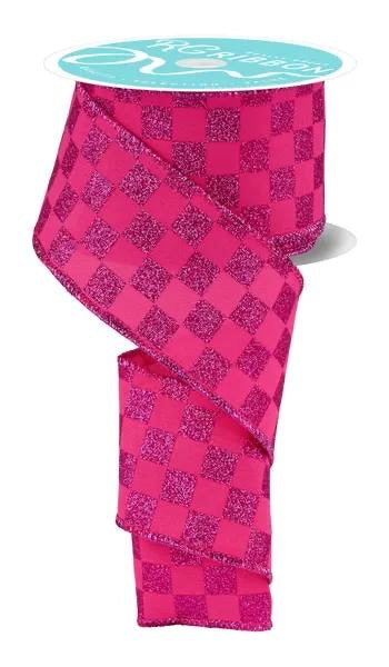 Wired Pink and Hot Pink Print Glitter Check Ribbon- 2.5”x10 Yards