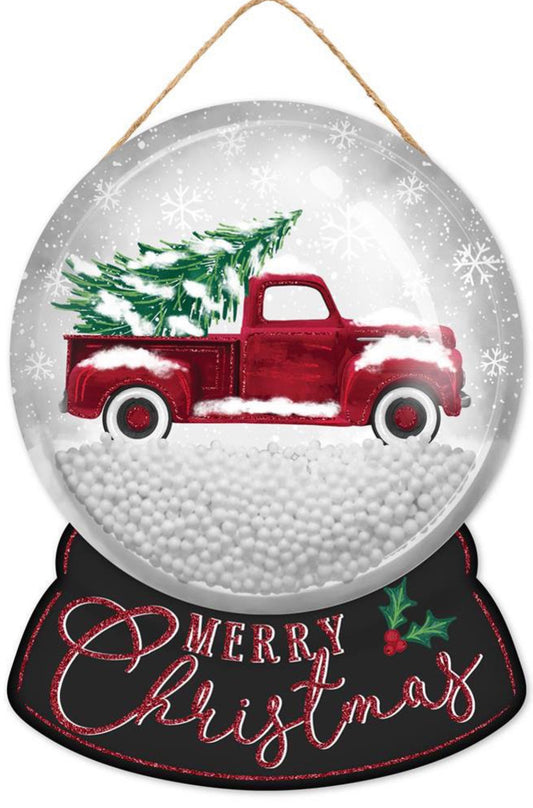 12”x9” Merry Christmas Truck Snow Globe Wreath Sign