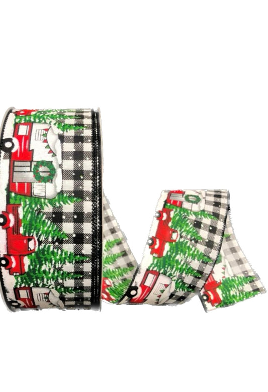 50 Yards - 2.5” Truck and Camper Christmas with Black and White Check Background Ribbon