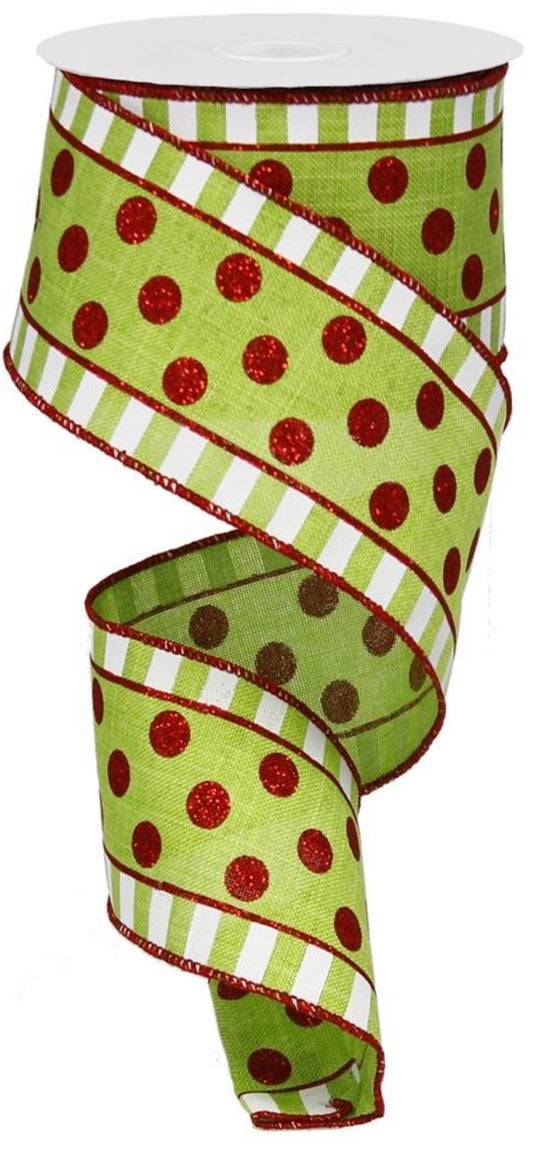 10 Yards - 2.5" Wired Lime Green and Glitter Red Polka Dot with White Stripes Christmas Ribbon