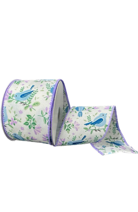 10 Yards - 2.5" Wired White Satin Blue Birds Purple Flowers Spring Ribbon