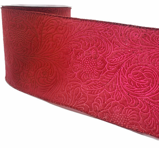 10 Yards - 4” Wired Red with Glitter Floral Embossed Ribbon