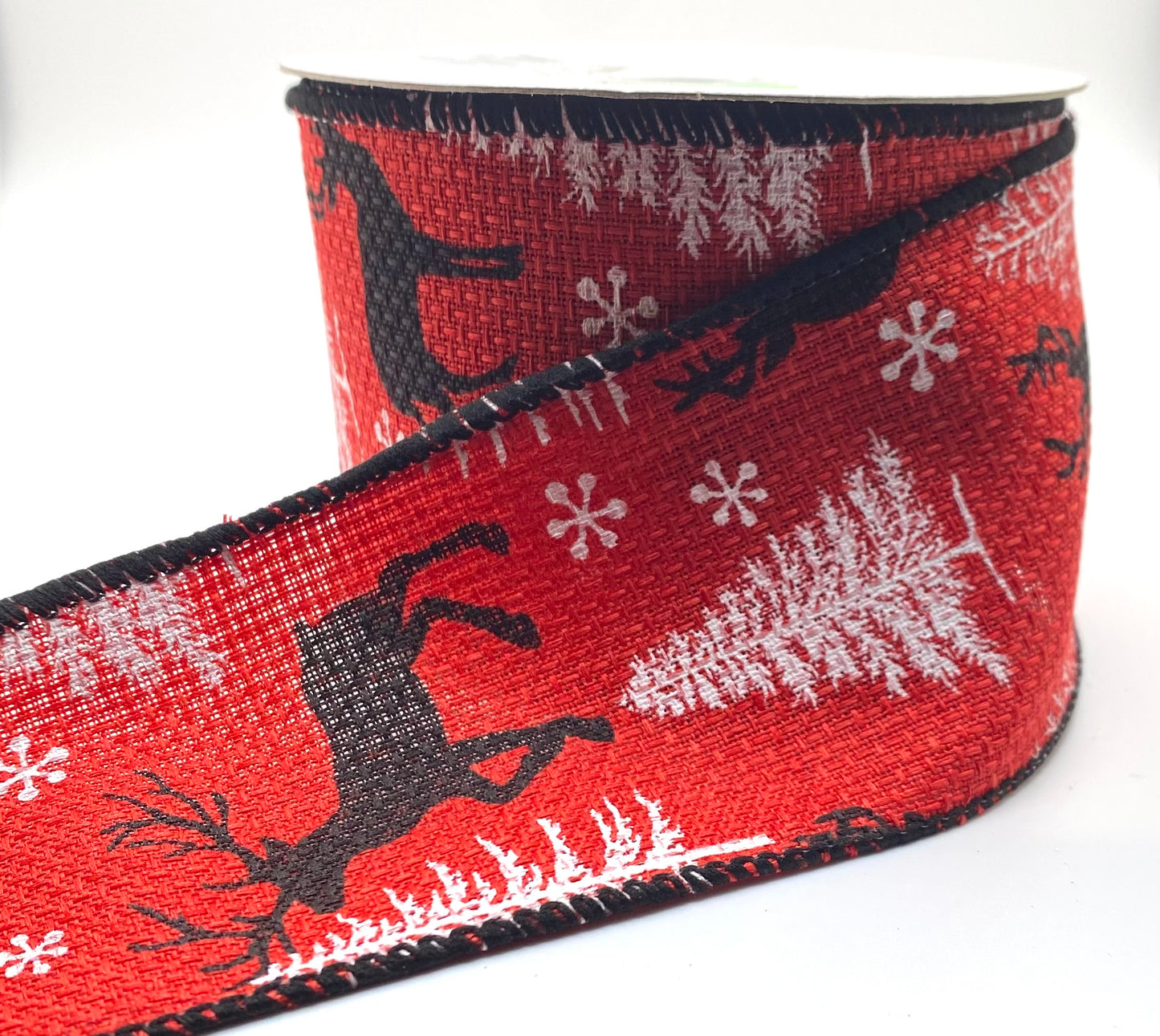 10 Yards - 2.5" Wired Red with Deer, Trees and Snowflake Ribbon