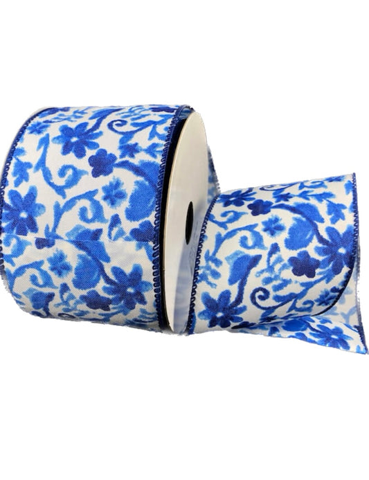 Wired White Background Blue Floral Ribbon- 2.5”x10 Yards