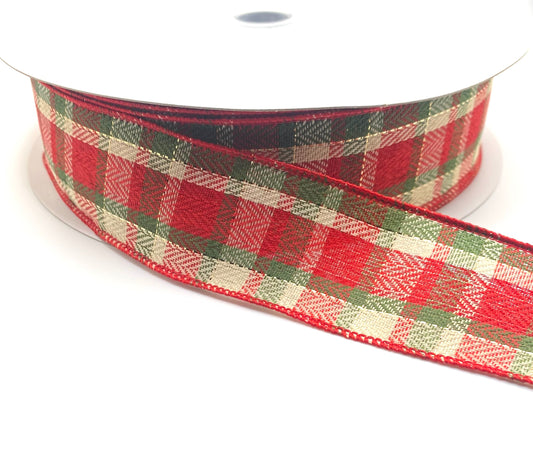 50 Yards - 1.5” Wired Hunter Green Red and Cream Woven Check Plaid Ribbon