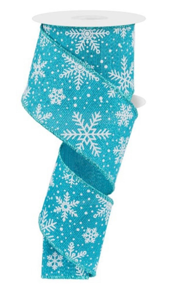 Wired Turquoise and White Snowflake Glitter Accent Ribbon- 2.5”x10 Yards