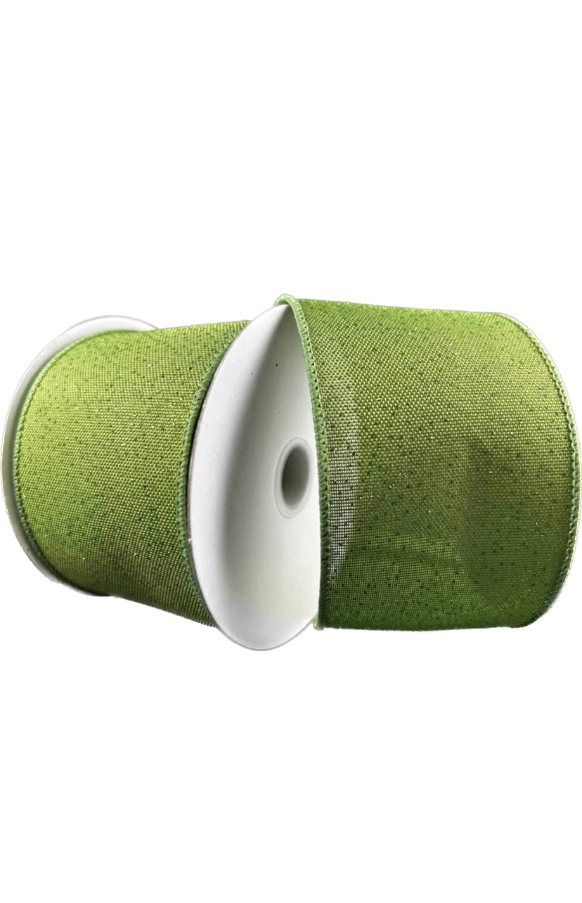 Wired Glittered Bright Moss Linen Ribbon- 2.5”x10 Yards