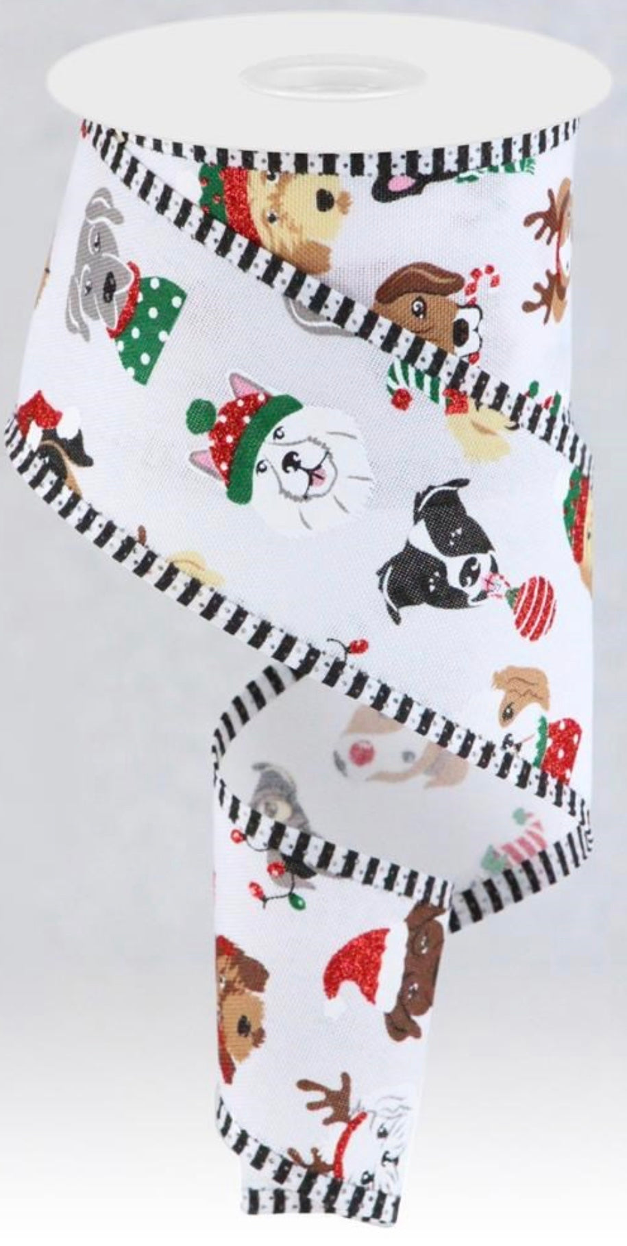 10 Yards - 2.5” Wired White Background Christmas Pooch Dog Ribbon with Glitter Accent and Stripe Edge