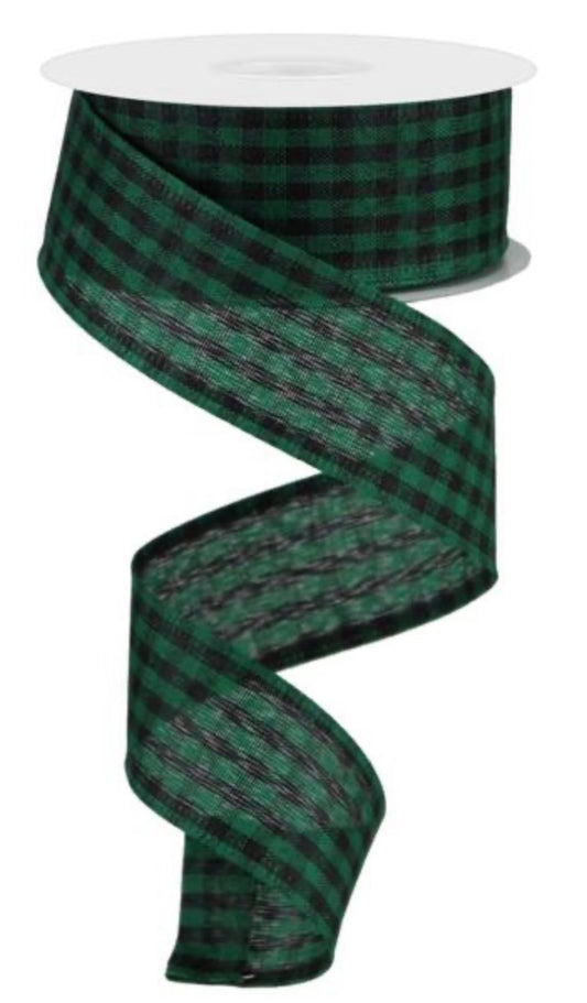 10 Yards - 1.5” Wired Green and Black Gingham Check Ribbon