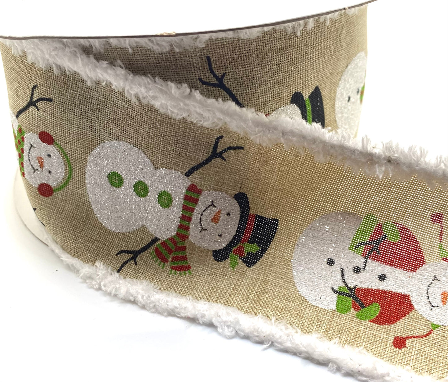 2.5”x 10 Yards- Snowman Ribbon on Natural Background with Snowdrift Edge