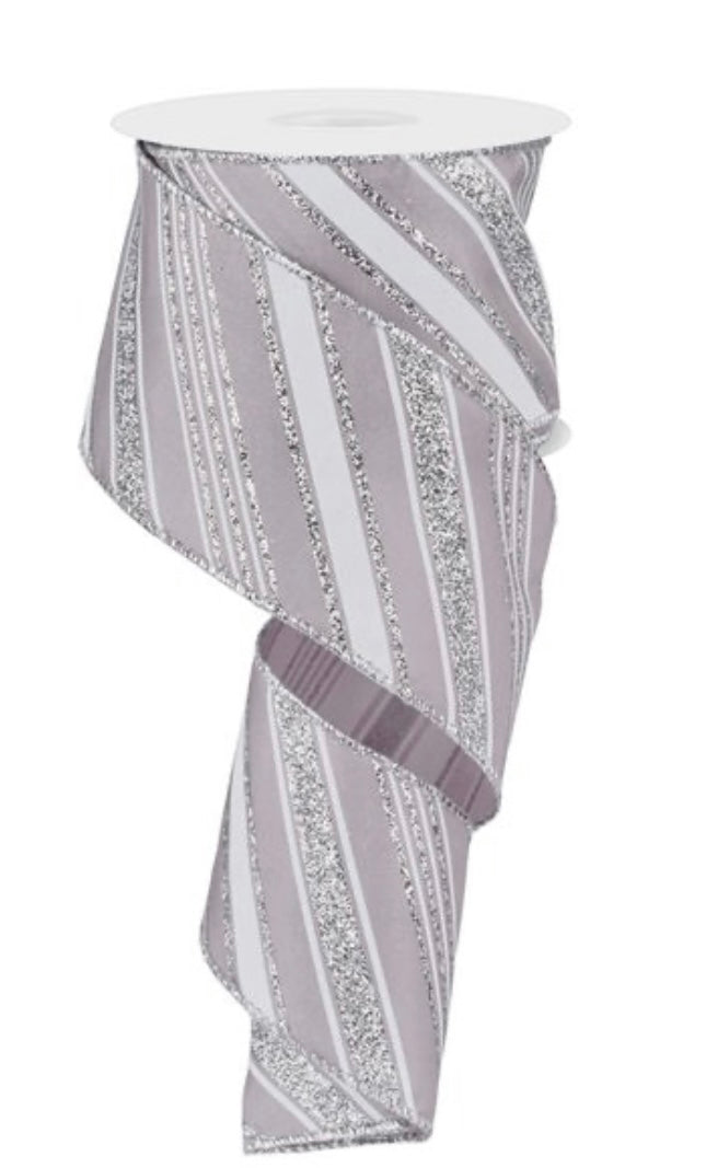 10 Yards - 2.5” Wired Gray White and Silver Glitter Swirl Stripe Ribbon
