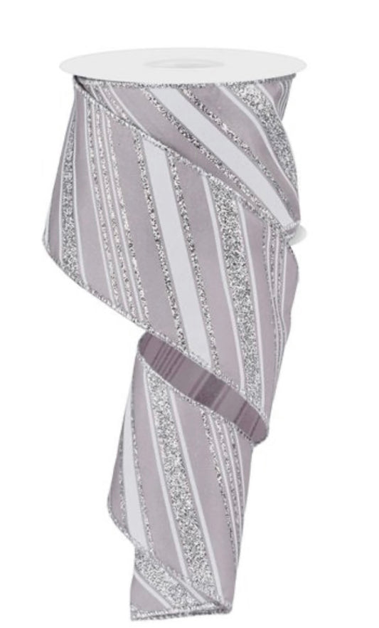 10 Yards - 2.5” Wired Gray White and Silver Glitter Swirl Stripe Ribbon