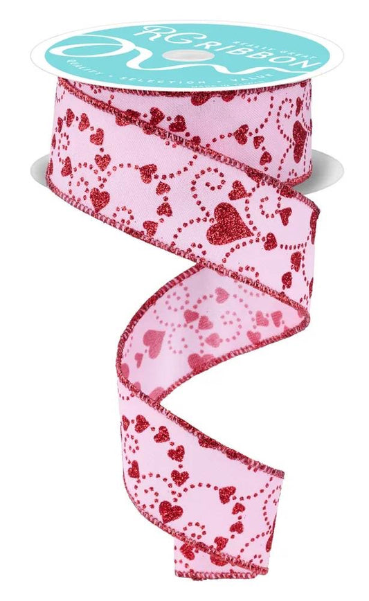 Wired Pink Background Red Hearts Glitter Accent Valentines Day Ribbon- 1.5”x10 Yards