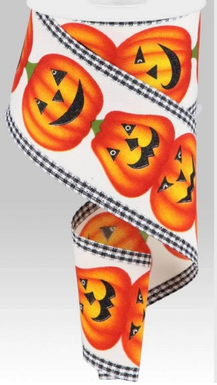 Wired Spooky Jack-O-Lantern Ribbon with Black and White Gingham Check Edge - Halloween- 2.5”x10 Yards