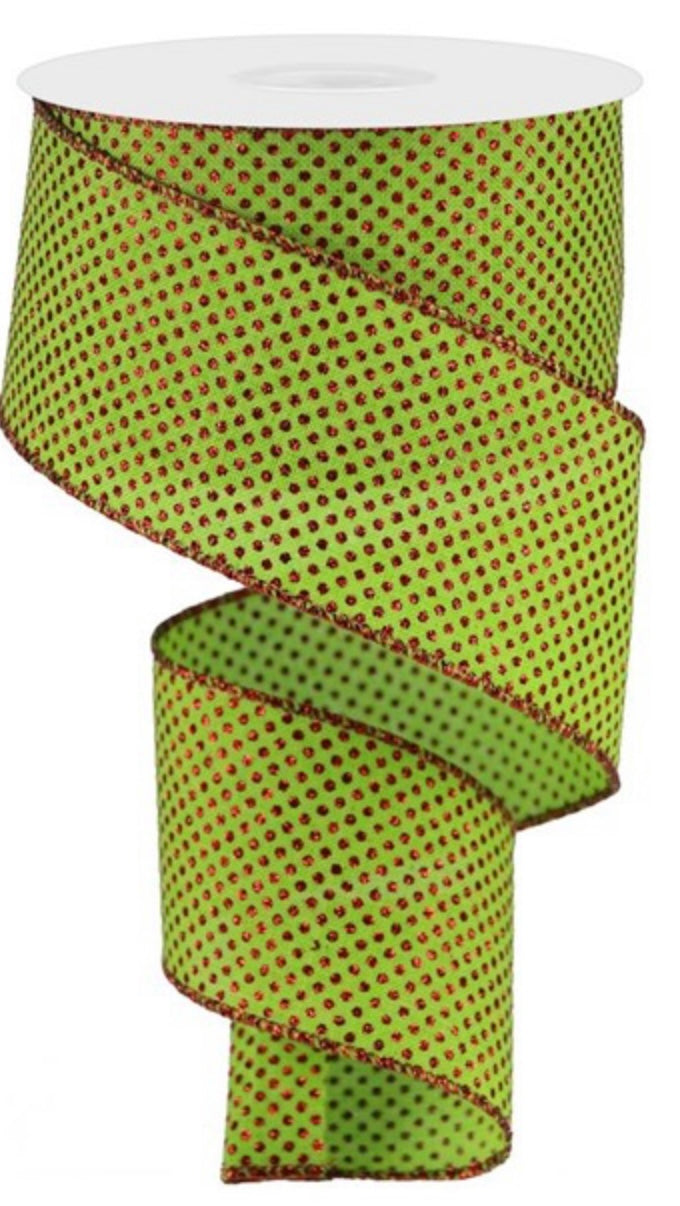 10 Yards - 2.5” Wired Lime Green with Red Micro Dots Christmas Ribbon