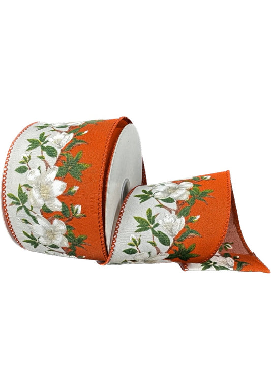 Wired Floral on Dark Orange and White Background on Satin Ribbon- 2.5”x10 Yards
