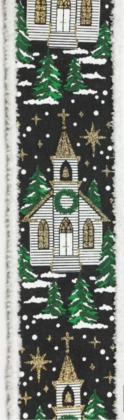 10 Yards - 2.5” Wired Black Background Christmas Church Ribbon with Go ...