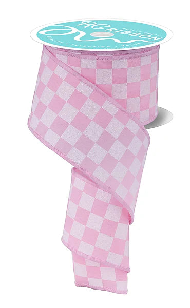 Wired Pink and White Print Glitter Check Ribbon- 2.5”x10 Yards