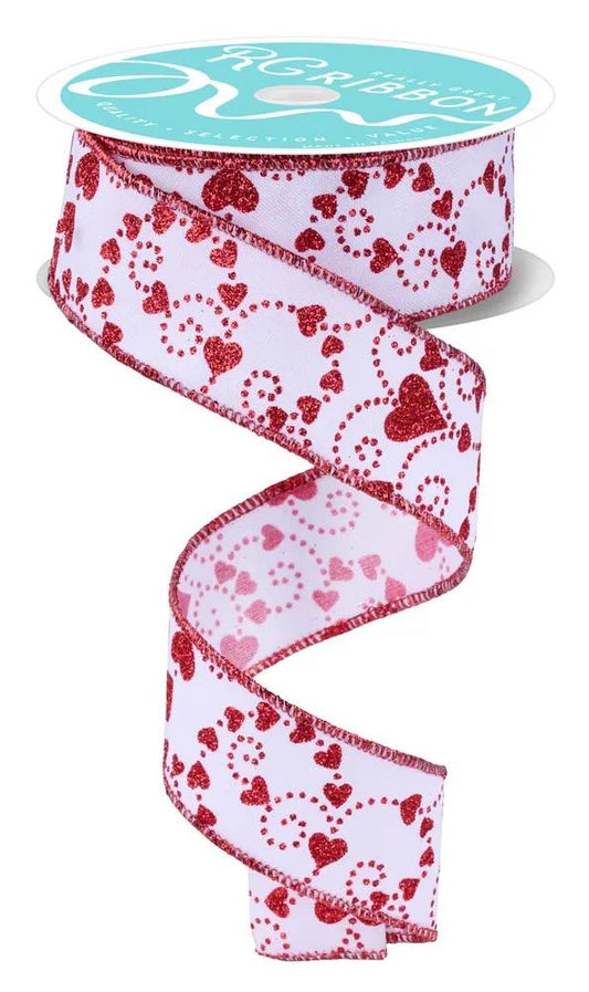 Wired White Background Red Hearts Glitter Accent Valentines Day Ribbon- 1.5”x10 Yards
