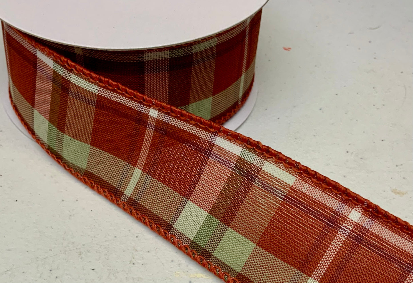 Wired Rust Sage Ivory Fall Plaid Ribbon- 1.5”x10 Yards