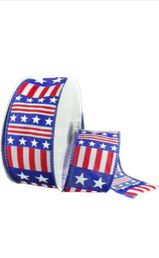 Wired Patriotic Red, Natural, and Navy Blue Stars and Stripes Ribbon-1.5”x10 Yards