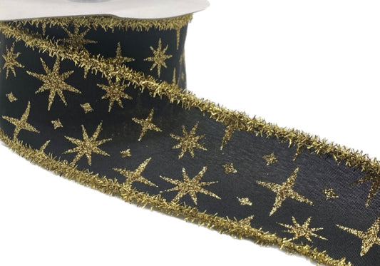 10 Yards - 2.5” Wired Black with Gold Stars Tinsel Edge Ribbon