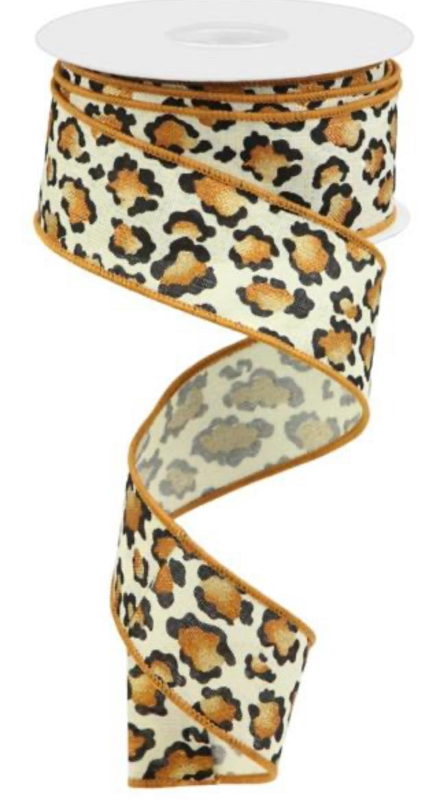 10 Yards - 1.5” Cream Cheetah Print Ribbon with Metallic Orange Accent