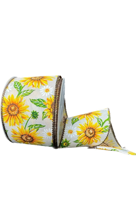 10 Yards - 2.5” Wired White Background Sunflower Ribbon