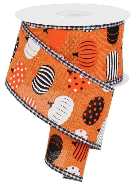 Wired Orange Background Pumpkin Ribbon with Black and White Gingham Border - Fall Ribbon - Halloween Ribbon-2.5”x10 Yards