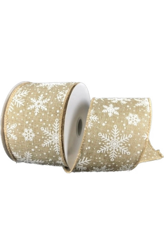 10 Yards - 2.5”Wired Natural and White Glitter Snowflake Ribbon