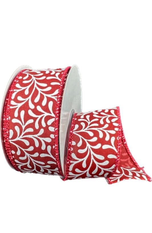 Wired Red Satin White Rounded Vines Ribbon- 1.5” x 10 Yards