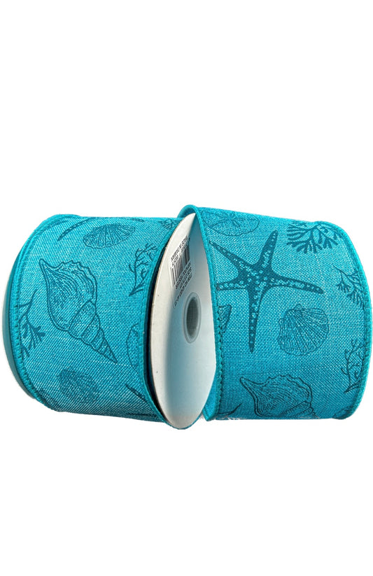 10 Yards - 2.5" Wired Two-Tone Blue Seashell Beach Ribbon