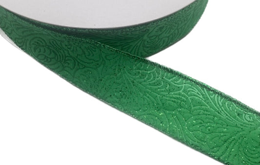 50 Yards - 1.5” Wired Emerald Green Floral Design Embossed Ribbon