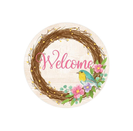 12 Inch Round Welcome Sign with Bird, Flowers and Grapevine