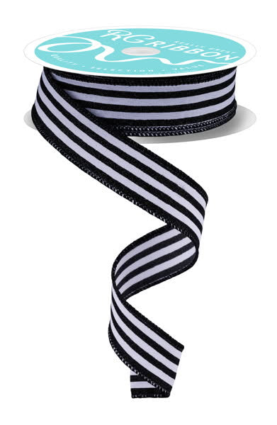 Wired White and Black Vertical Stripe Glitter Accent Ribbon- 7/8”x10 Yards