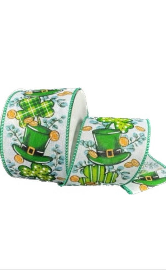 Wired White Linen Hat and Shamrock Gold Glitter St Patrick's Day Ribbon-2.5” x 10 Yards