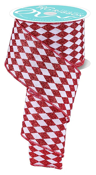 Wired Red and White Harlequin Ribbon- 2.5”x10 Yards