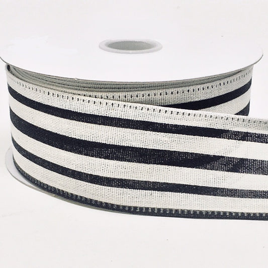 10 Yards - 1.5” Wired Black and Cream Stripe Ribbon