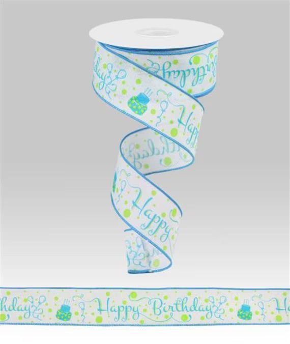 10 Yards - 1.5” Wired Teal and Lime Happy Birthday Ribbon