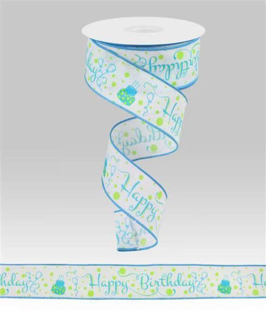 10 Yards - 1.5” Wired Teal and Lime Happy Birthday Ribbon