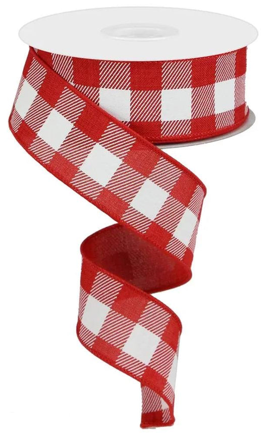 10 Yards - 1.5”  Wired Red and White Check Canvas Ribbon - Everyday Ribbon
